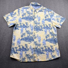 IZOD Saltwater Men's XL Yellow Blue Sailboat Palm Tree Tropical Cotton Shirt