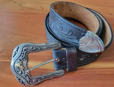Tony Lama Black Leather Belt Top Grain Large Ornate Buckle Westerly Ride Sz 42