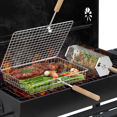 Stainless Steel Grill Basket Set BBQ Veggie Fish w/ Removable Handles