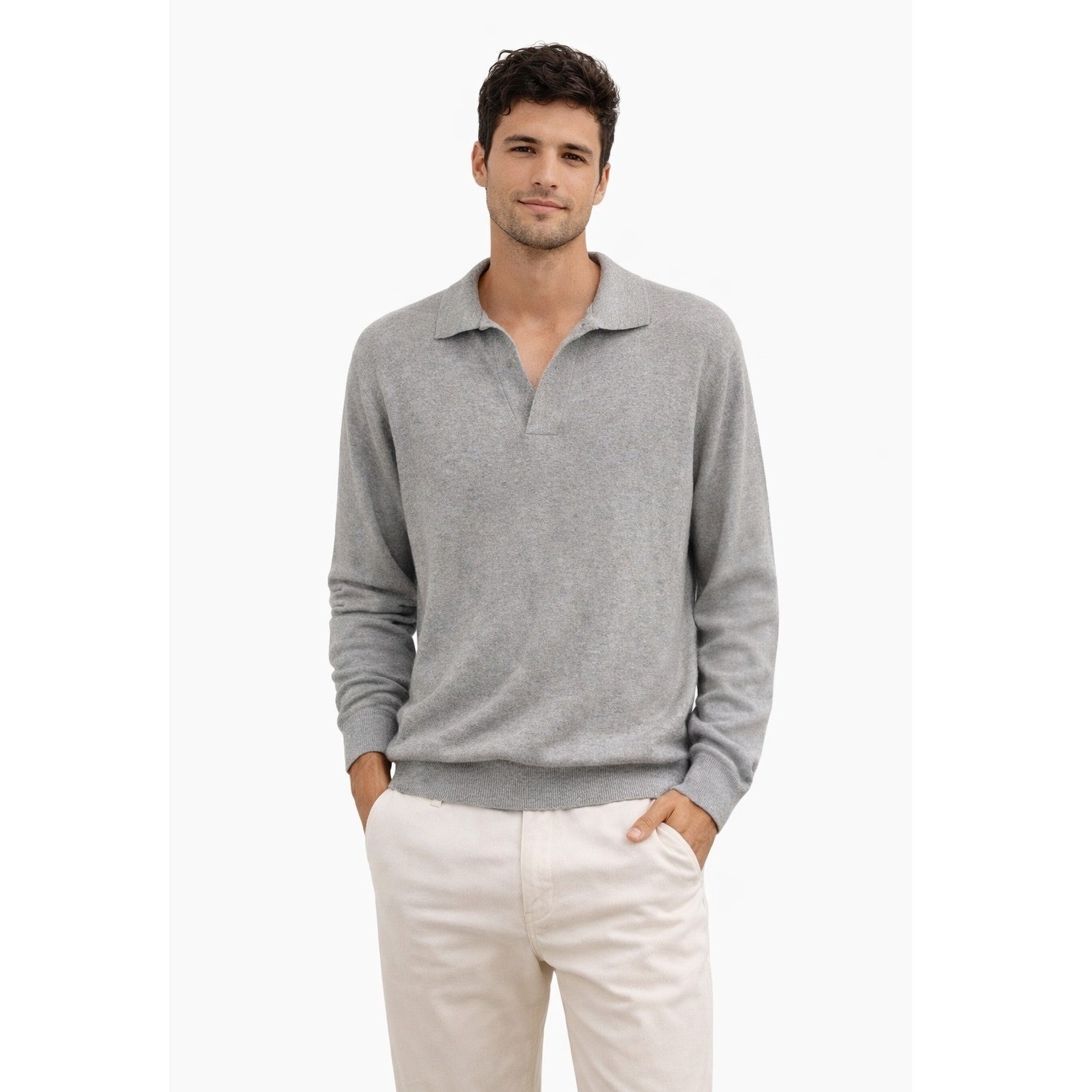 Rails Mens Sutton Heather Grey Cotton Cashmere V-Neck Polo Sweater Large L