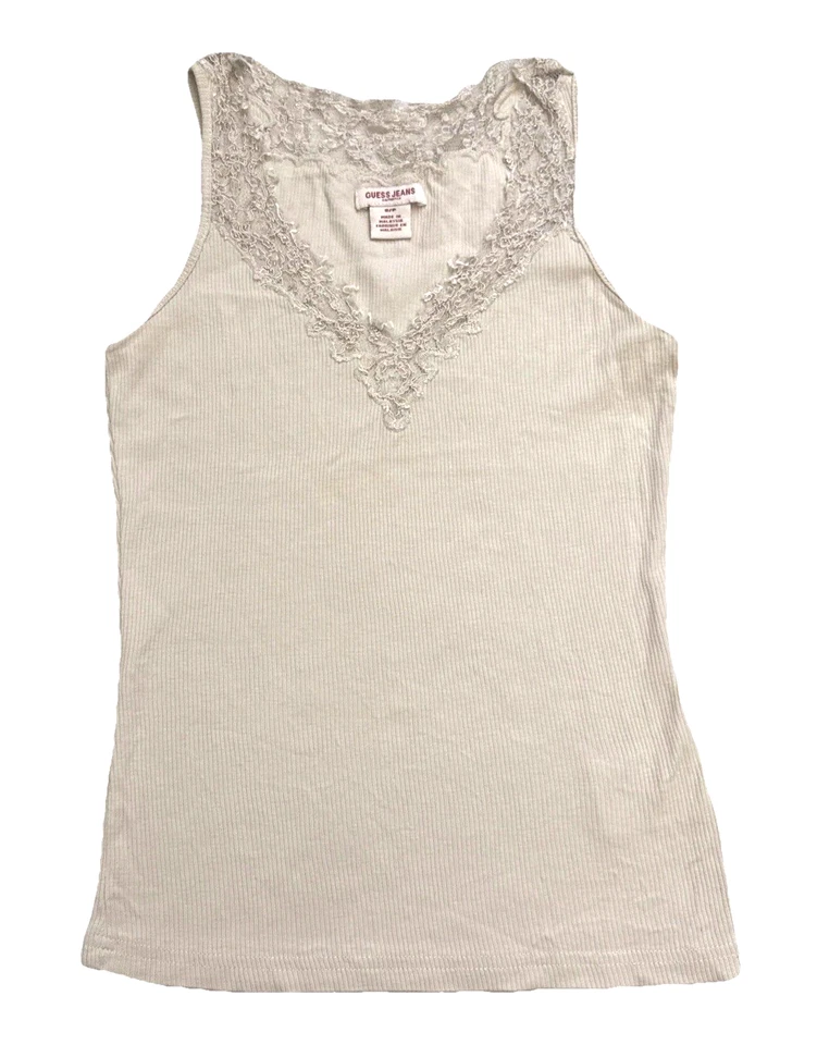 vintage y2k 2000s guess jeans lace trim ribbed nude tank top S small - Image 3 of 4
