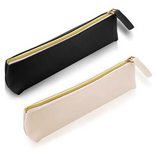 Leather Pen Pencil Case, 2PCS Cute Slim Pen Bag Small Pencil Pouch Black White