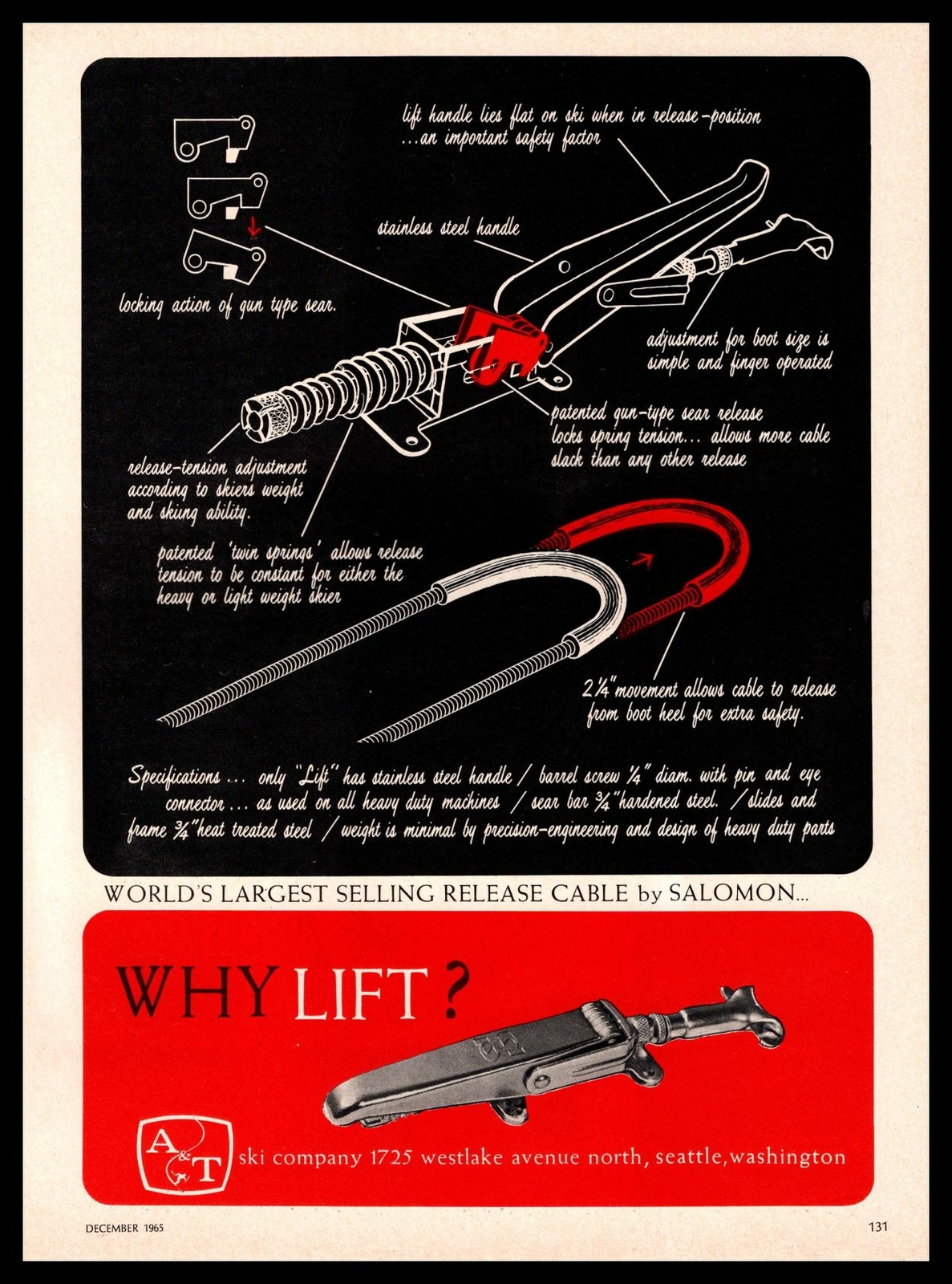 1965 Salomon Ski Release Cable A & T Westlake Avenue Seattle Washington pubblicità stampa