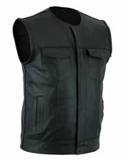Men's SOA No Collar Leather Vest Motorcycle Biker Club Concealed Carry Outlaws
