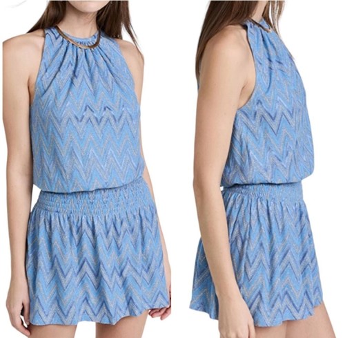 Neu mit Etikett Ramy Brook blau Chevron gesmoktes Minikleid Neckholder Größe L - Bild 6 von 10