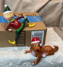 2 Vtg 1980s Christmas Shelf Sitter Hard Plastic Sun Hill Industries Elf & Dog