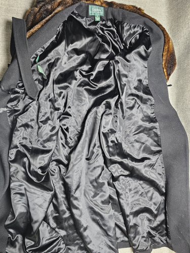 VINTAGE Ralph Lauren Coat Womens 10 Black Wool Cashmere Robe Wrap Faux Fur LRL - Picture 4 of 12
