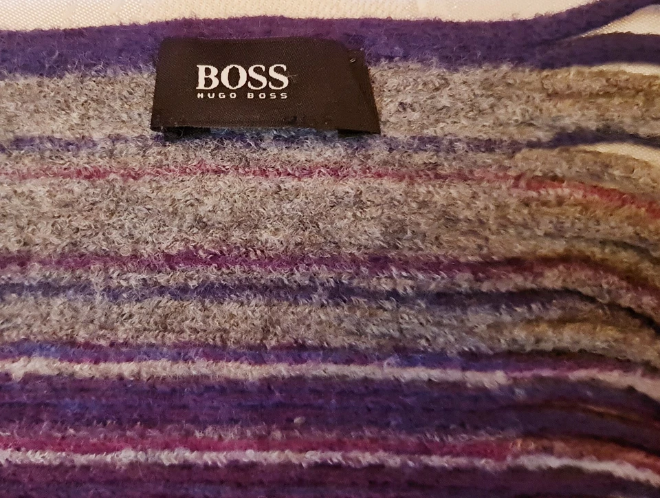 BUFANDA VINTAGE AUTÉNTICA BOSS HUGO BOSSLOGO LANA A RAYAS LARGA HOMBRE FLECOS BUFANDA Foto 3 de 3