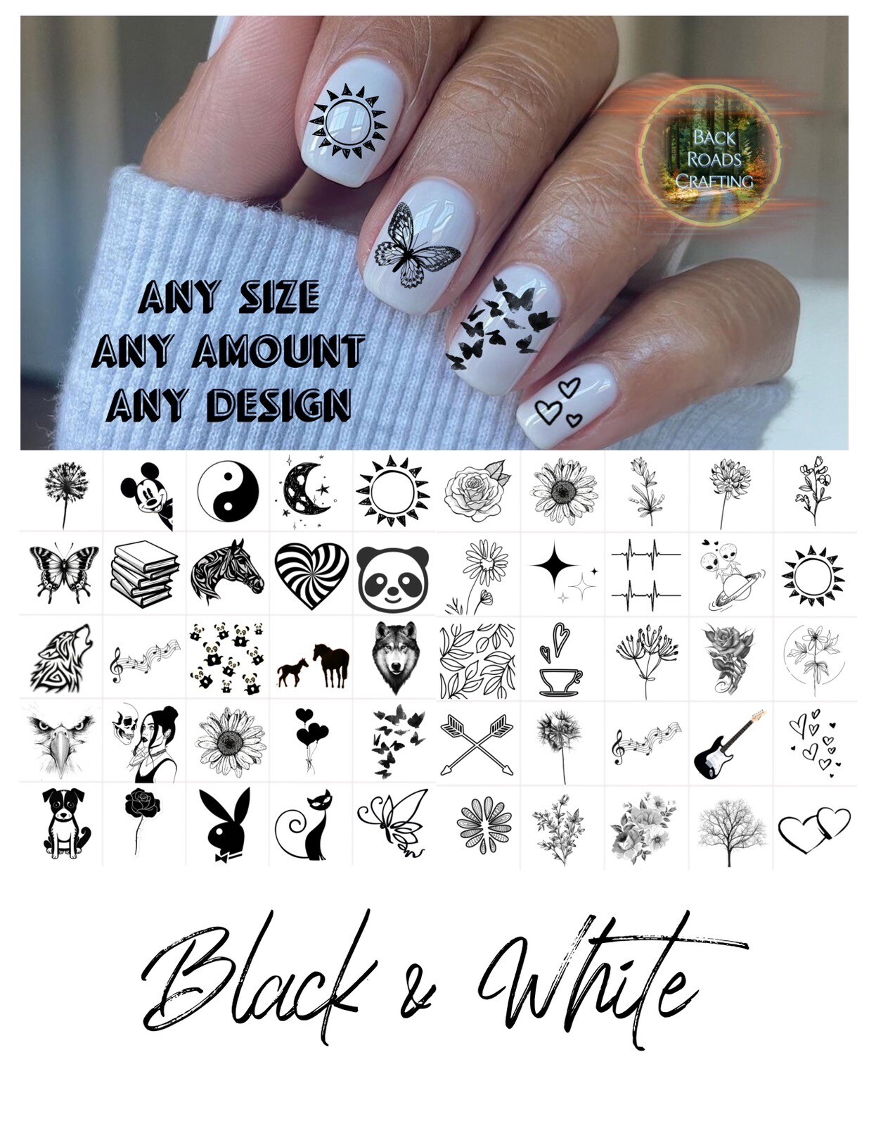 Black and White Waterslide Nail Decals Set of 50 with Bonus Instructions