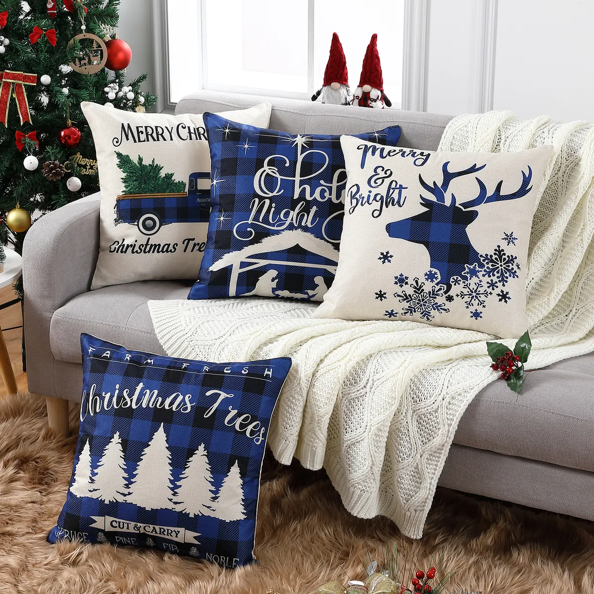 Blue Christmas Pillow Covers 18x18, Blue Christmas Decorations Winter  Holiday Outdoor Blue Christmas Throw Pillow Covers, Xmas Snowflake  Farmhouse