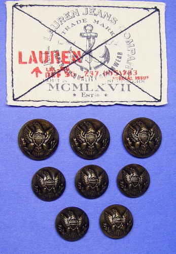 SET OF 9 VTG LAUREN JEAN CO METAL JACKET BUTTONS BY WATERBURY GOOD USED COND.