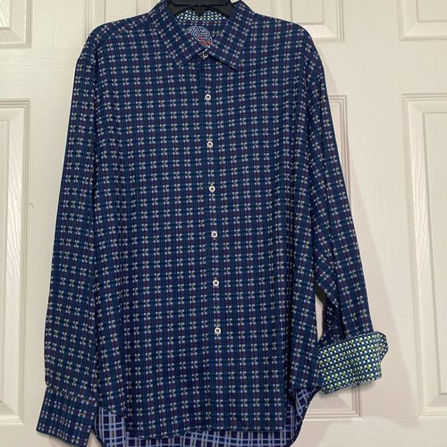 Robert Graham camicia uomo 2XL geometrica retrò plaid viola verde chiaro polsino ribaltabile - Foto 1 di 8