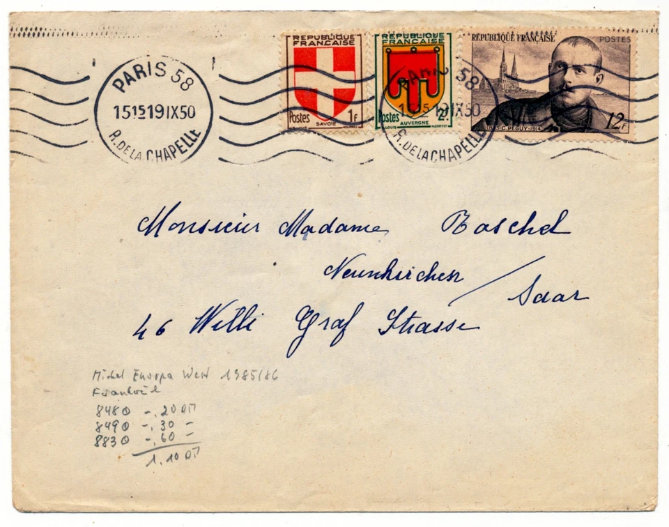 Frankreich 1950 Mischfrankatur - Wappen Michel Nr. 848+849+884 - Bild 1 von 1