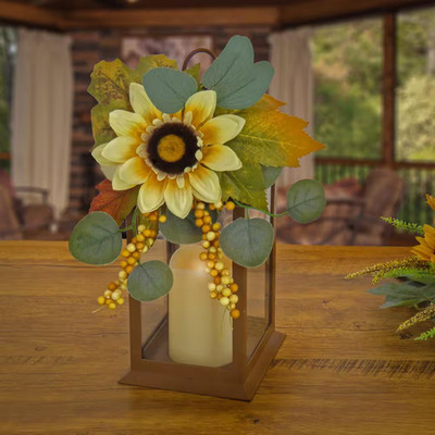 13'' Sunflower and Eucalyptus Decorated Harvest Lantern