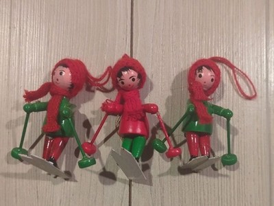 1950s 4''H Painted Wooden Christmas Skiers Decor Cottagecore Whimsicle Ornaments