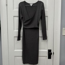 Leith Nordstrom Sweater Dress Womens S Gray Ribbed Faux Wrap Bodycon Midi