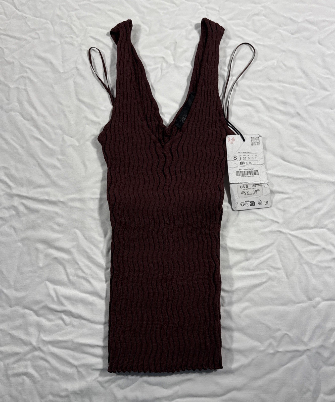 Zara Knit Ribbed Stretch Tank Top Cropped Brown Small NWT $35.90