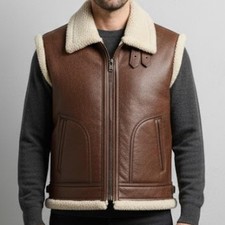 Handmade Brown Leather Mens Shearling Vest Winter B3 Aviator Gilet