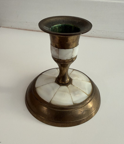 Vintage Brass & Mother of Pearl Inlay Candlestick Holder - Mid Century Boho