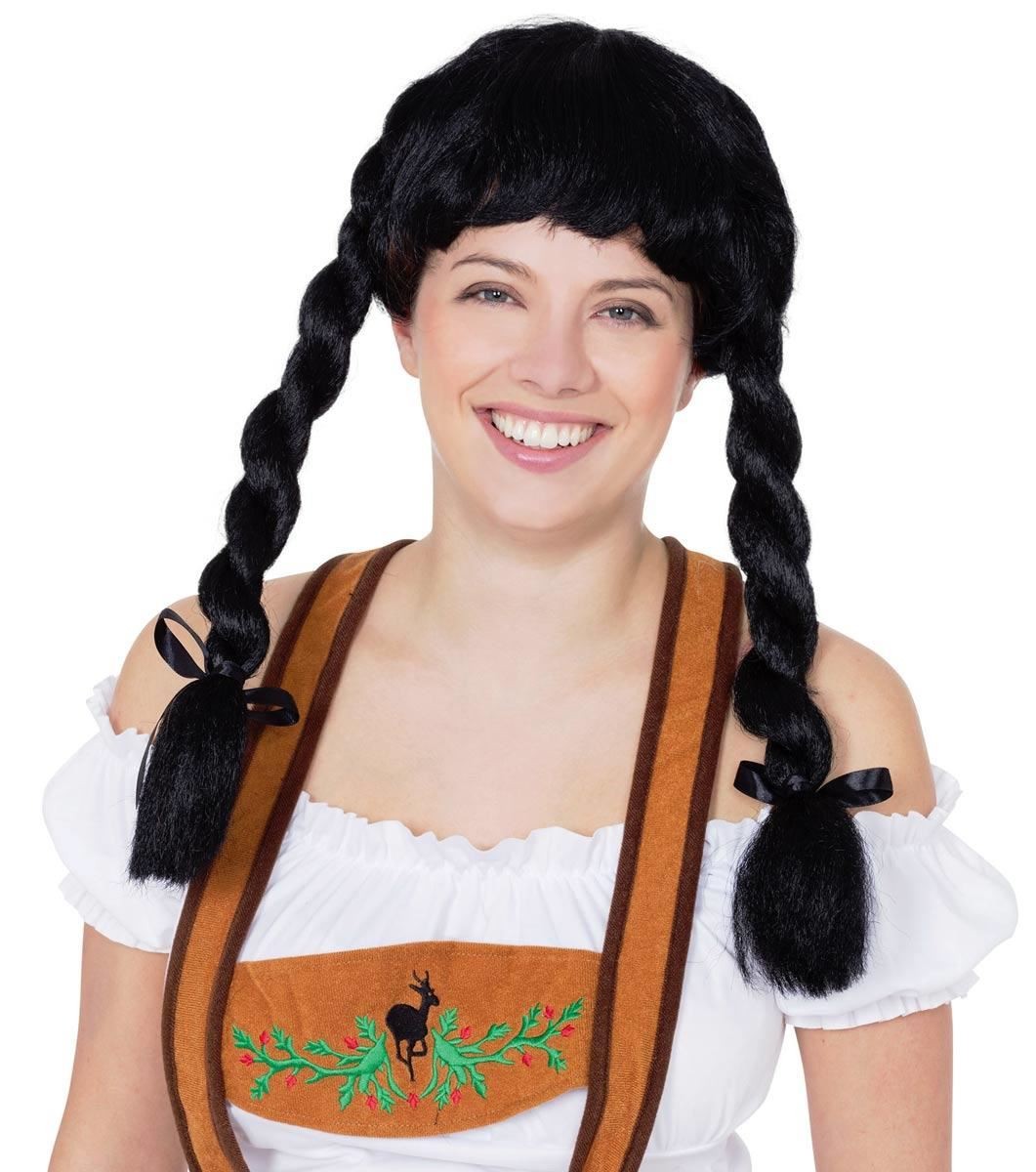 Bavarian Fraulein Pigtail Wig in Black