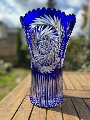 Vintage Tschechische Böhmen Kobaltblau Schliff Kristall Vase 30cm Bleikristall Signiert