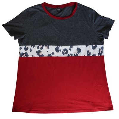 Shein Womens XL Colorblock Leopard Stripe T-Shirt Grey Red Crewneck Tee