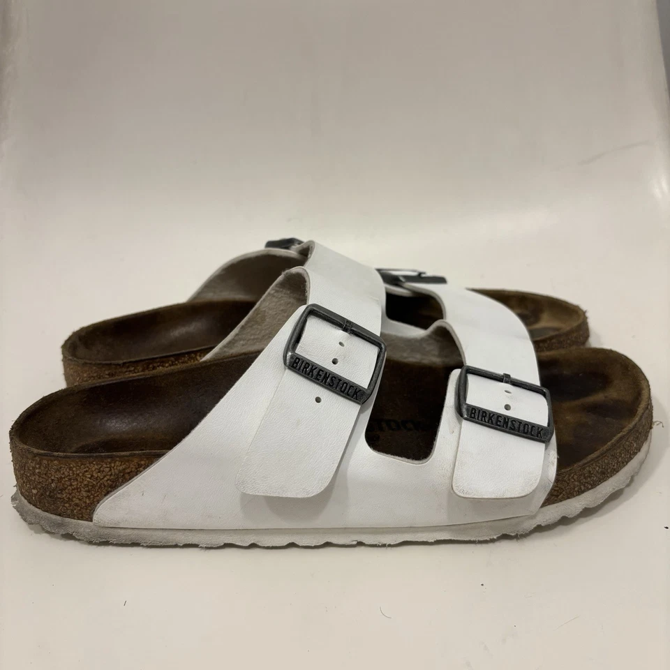 Sandalias Birkenstock Arizona Birko Flor para mujer EE. UU. 9 UE 40 cuero blanco suela de corcho Foto 3 de 4