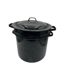 Vintage Enamel Stock Pot Steamer Colander Pot with Lid Speckled Black Cookware