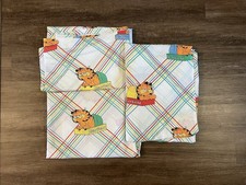 Vtg Garfield 2 Twin Flat  Fitted Bed Sheets Primary Color Stripes 1978 USA