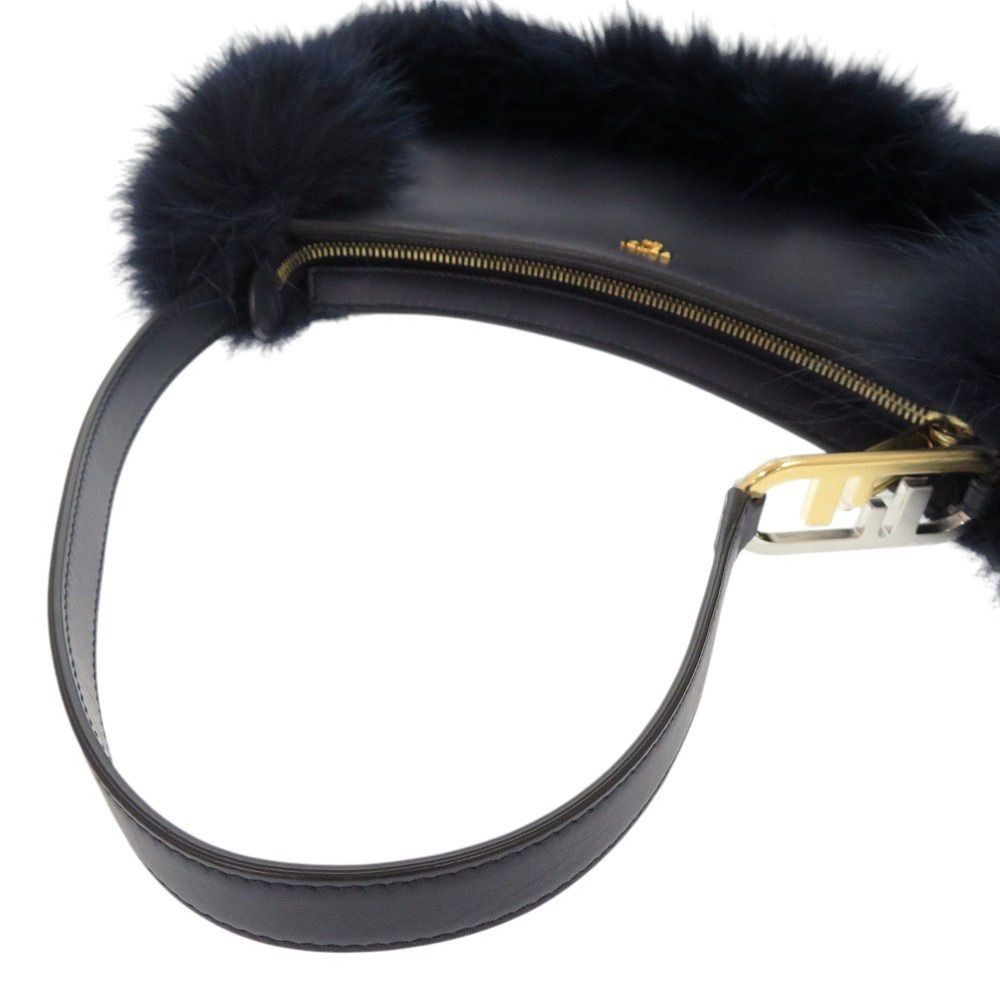 Fendi O Lock Swing Fox Fur Lined Shoulder Bag Navy Handbag leather