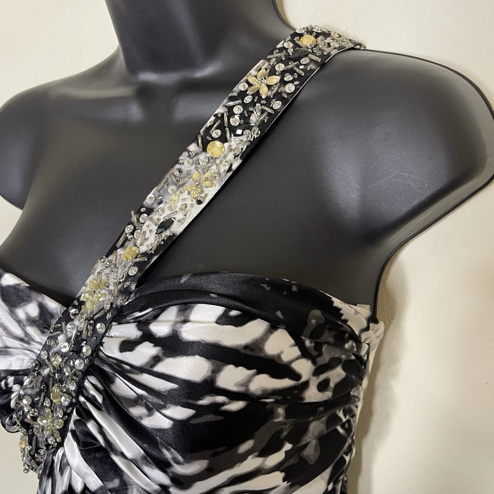 Vestido De Colección DEB Negro Blanco Abstracto Mariposa Satén Baile de graduación Un Hombro Y2K 9/10 Foto 4 de 4