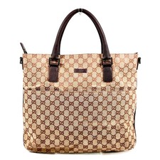 GUCCI GG Canvas Leather Hand Bag Beige Gold 122797 Authentic