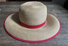 Sun ‘N’ Sand Headwear Wide Brim Tan Hat Red Ribbon Band Summer Beach Hat Women's