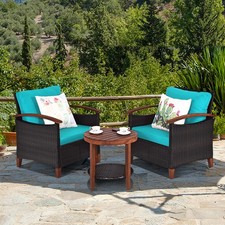 3PCS Patio Wicker Rattan Conversation Set Outdoor Furniture Set w/ Turquoise