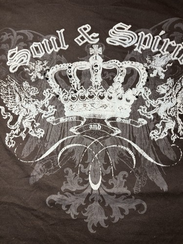 Vtg Y2K Carbon Black AOP Beaded Crown Crest Eagle T Shirt S/M (read)* Cyber Goth - Afbeelding 3 van 5
