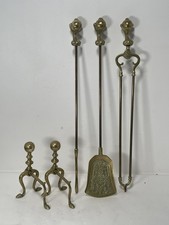 Antique Gilt Brass Fire Tools Set Ball & Claw Poker Tongs Shovel Chenets Dogs