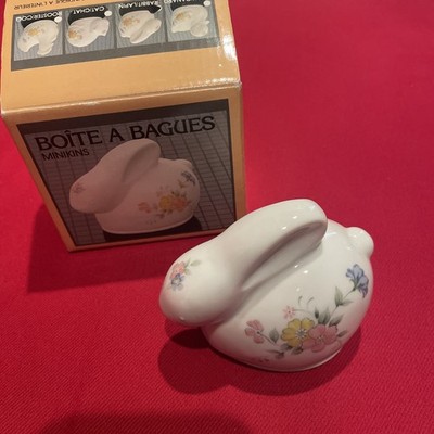 Vtg NIB 80s Porcelain Trinket Ring Box Figurine Floral Rabbit Hand Painted Japan