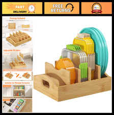 Bamboo Lid Organizer for Cabinets - Adjustable Food Storage Holder, 5 Sections,