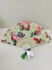Exquisite Victorian Style Folding Hand Fan Roses Golden White Fabric Party NEW