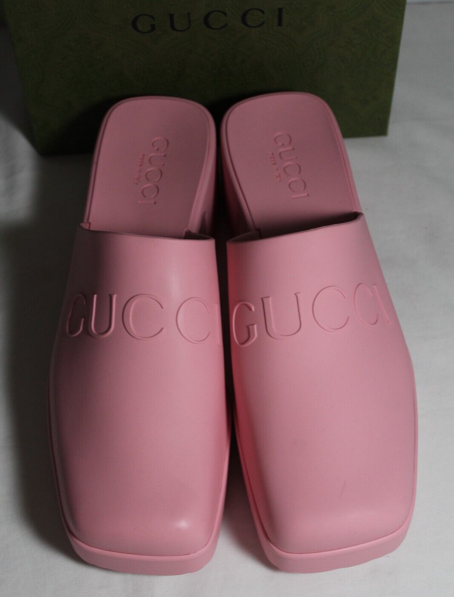 NWB Gucci Logo Rubber Clogs Mules Slip Ons Wild Rose Pink 38