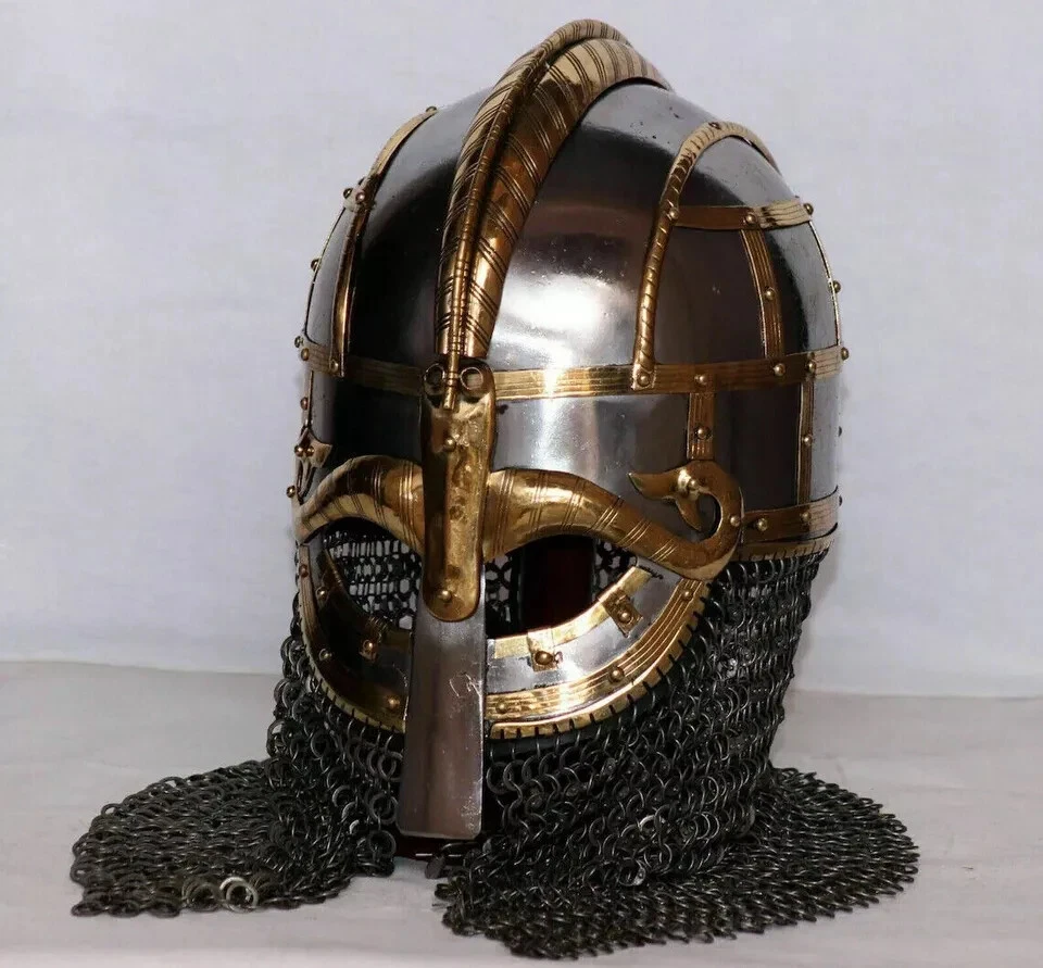 Casco de acero vikingo armadura casco medieval con cota de cadena forjado a mano calibre 20 Foto 4 de 4