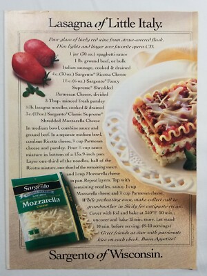 1995 Magazine Advertisement Page Sargento Mozzarella Cheese Lasagna Recipe Ad