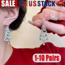 Women's 925 Silver Crystal Christmas Tree Earrings Drop Dangle Jewelry Xmas 2024