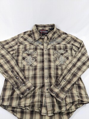 Rock & Roll Western Pearl Snap Shirt Mens Large Plaid Rust Brown Rugged Adult L