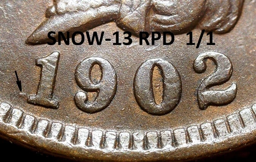 1902 Indian Head Cent - AU SNOW-13, REPUNCHED DATE LEFT OF ONE (J561)