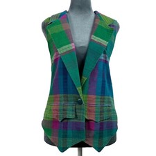 Vintage 70s Handmade Womens Large Plaid Vest Green Blue Purple Pink