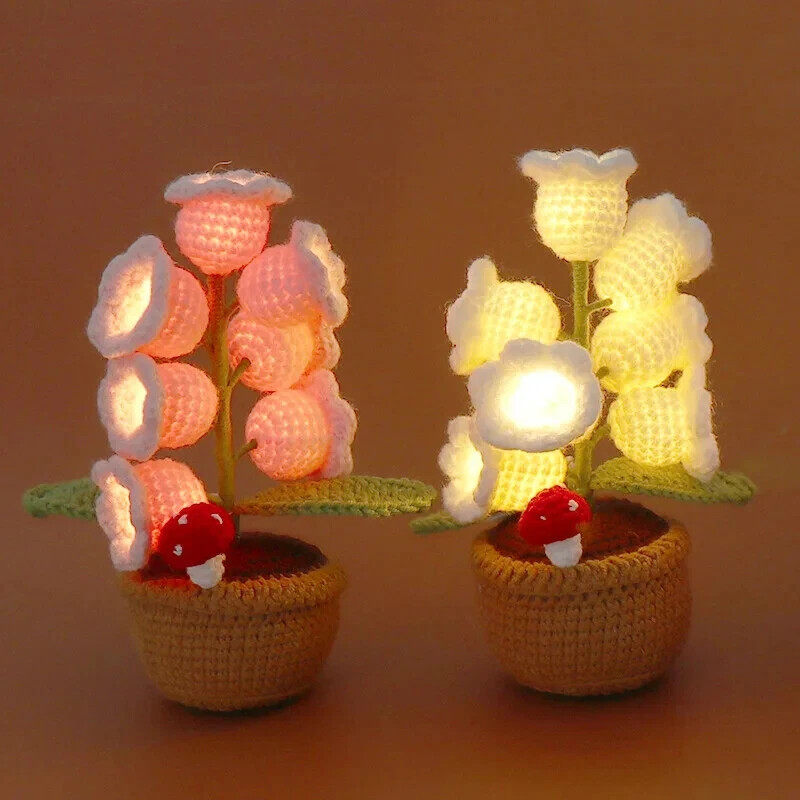 Crochet Bell Orchid with Potted  Knitted Flowers with Light Handmade Artificial