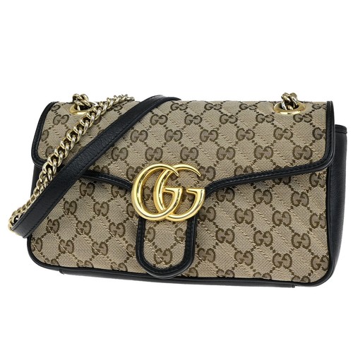 GUCCI Logo GG Marmont Chain Shoulder Bag Canvas Leather Beige Black GHW 631SJ191