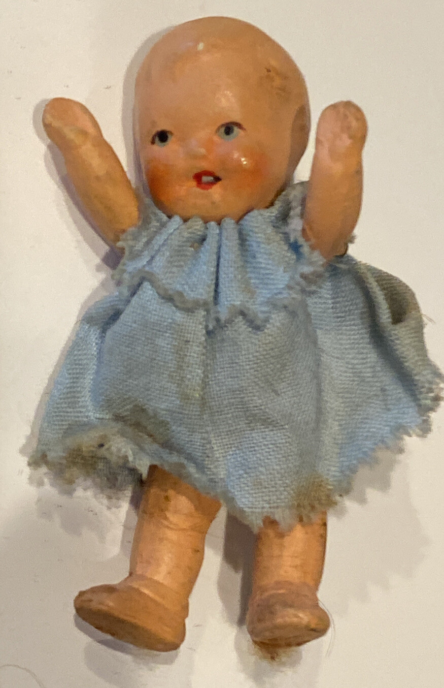 Bisque Doll German Mignonette Miniature Rubber Jointed Movable Antique Rare 2.5”