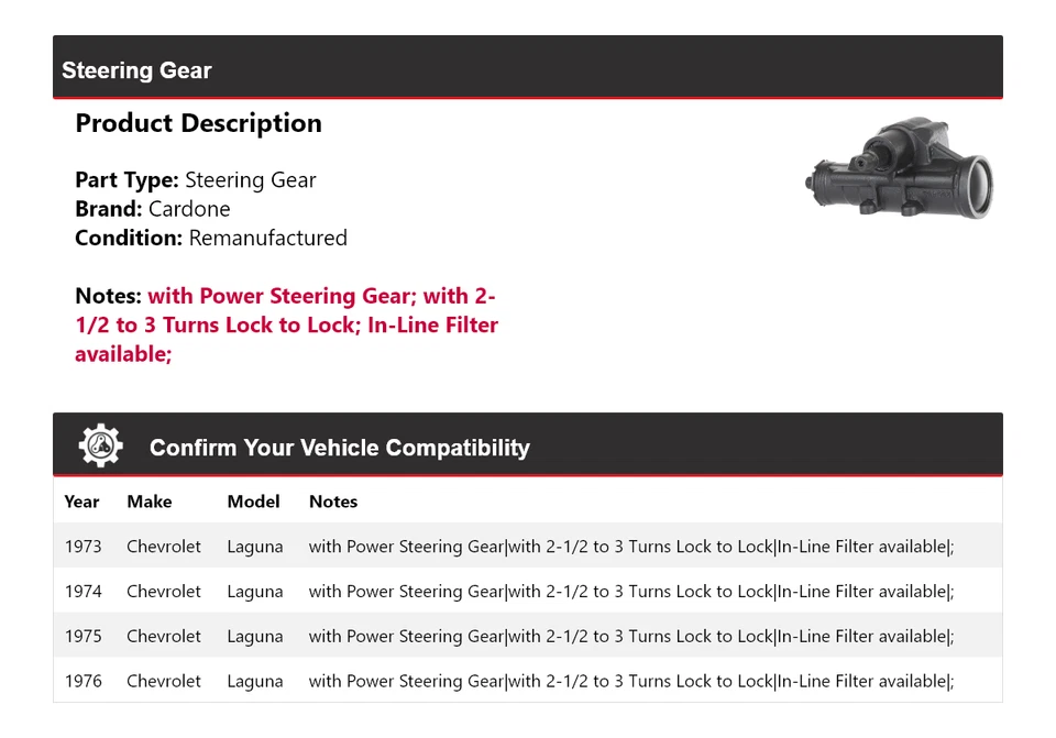 Para Chevrolet Laguna 1973-1976 engranaje de dirección Cardone 1974 1975 Foto 2 de 4
